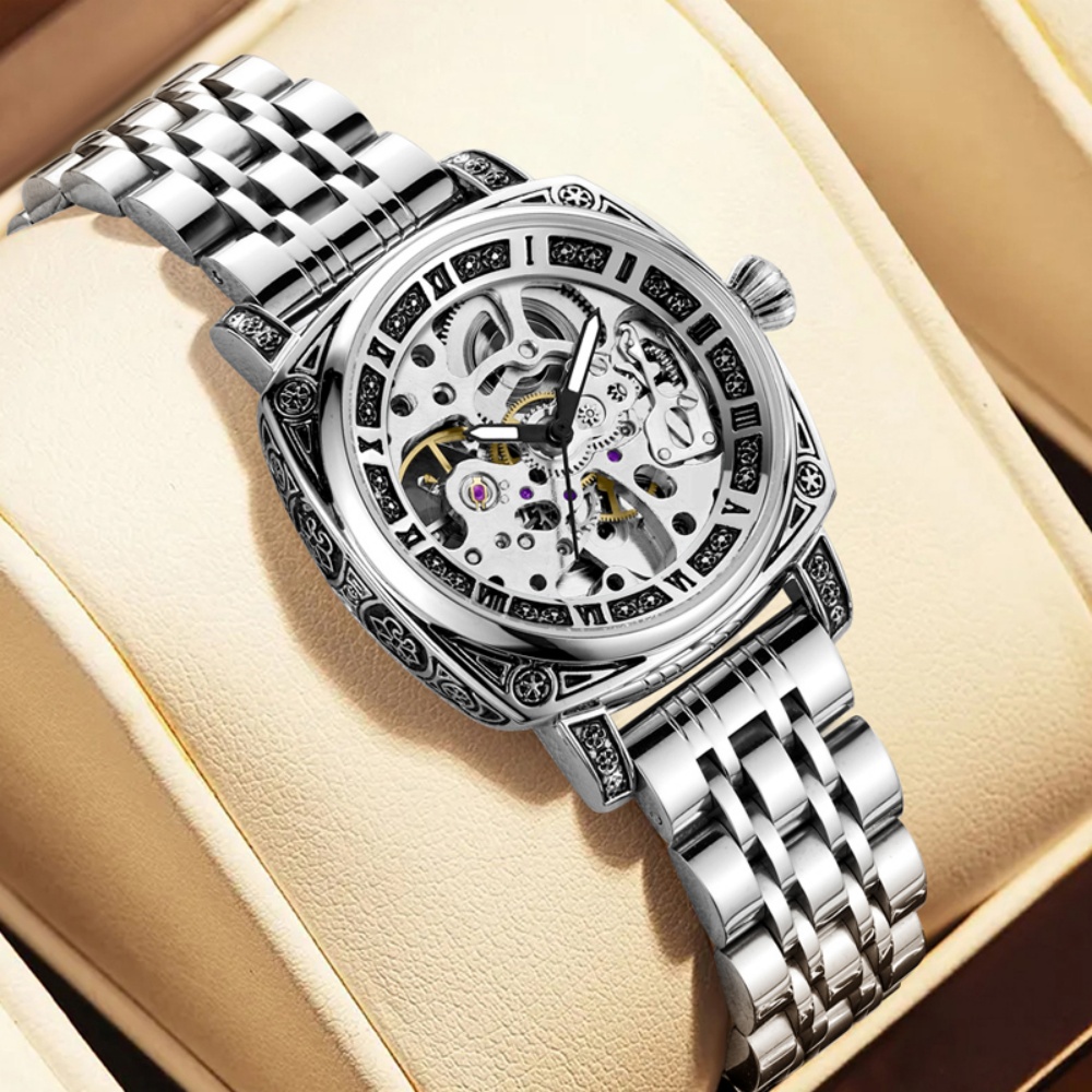 Luxury Watch Values - Personalisierte mechanische Damenuhr mit Hohldesign, Vintage-gravierte,