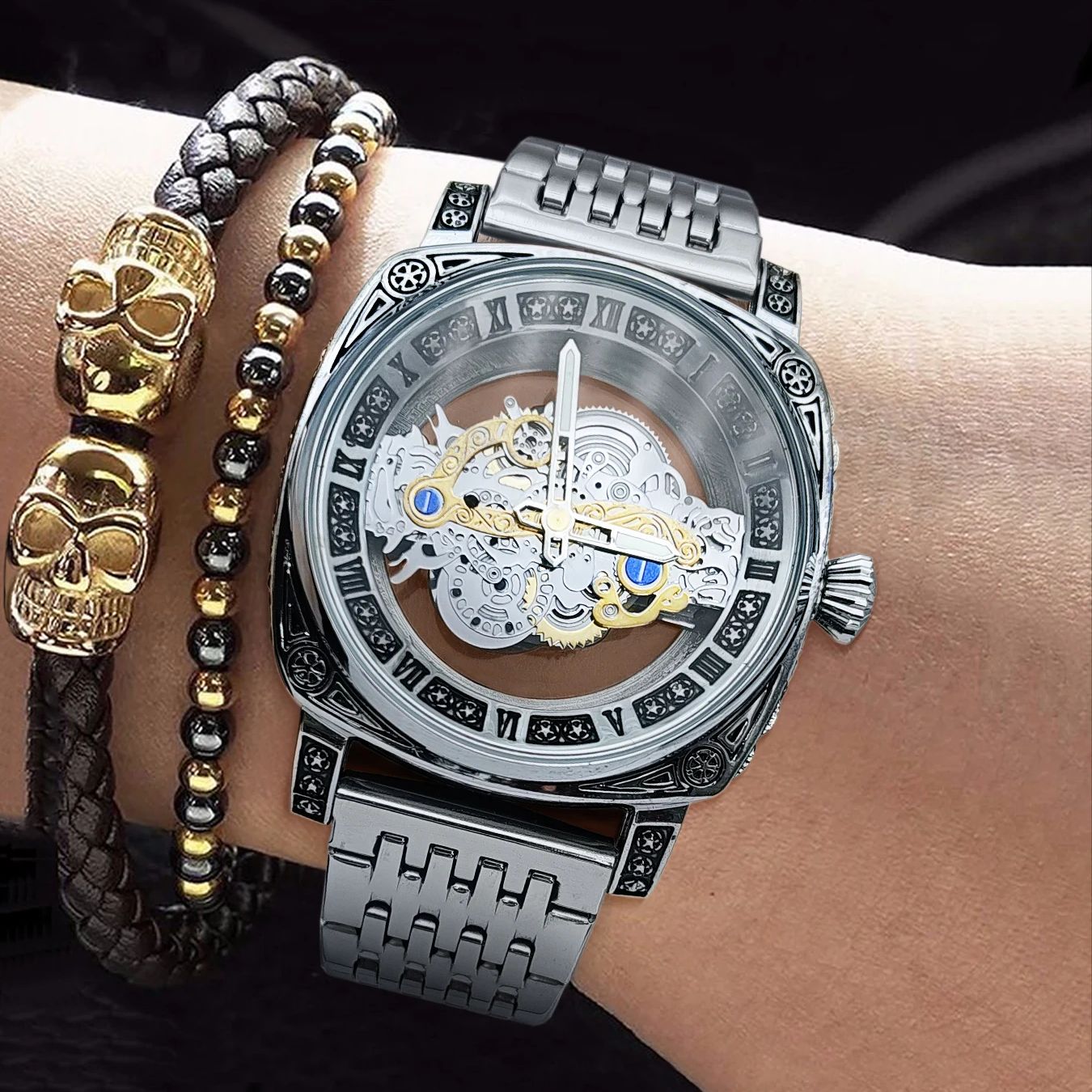 Luxury Watch Values - Herrenuhr, quadratische High-End-Business-Quarz-Armbanduhr, hohles Design, leuchtend
